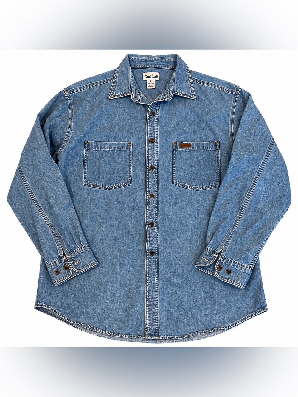 EUC Carhartt S97STW Denim Work Shirt Men’s Large Blue Long Sleeve Button Front